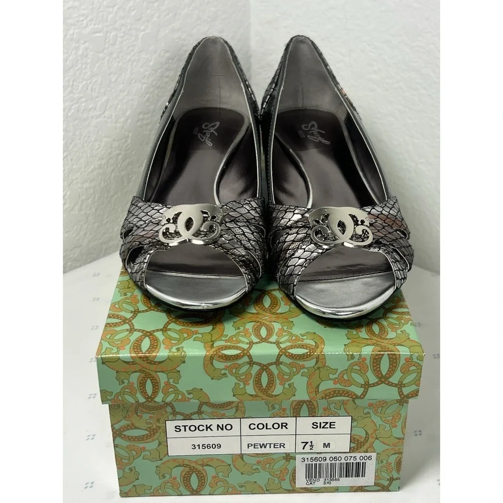 Sharif 1827‎ Womens Pewter Metallic Snakeskin Peep Toe Wedge Sandals Size 7.5 M